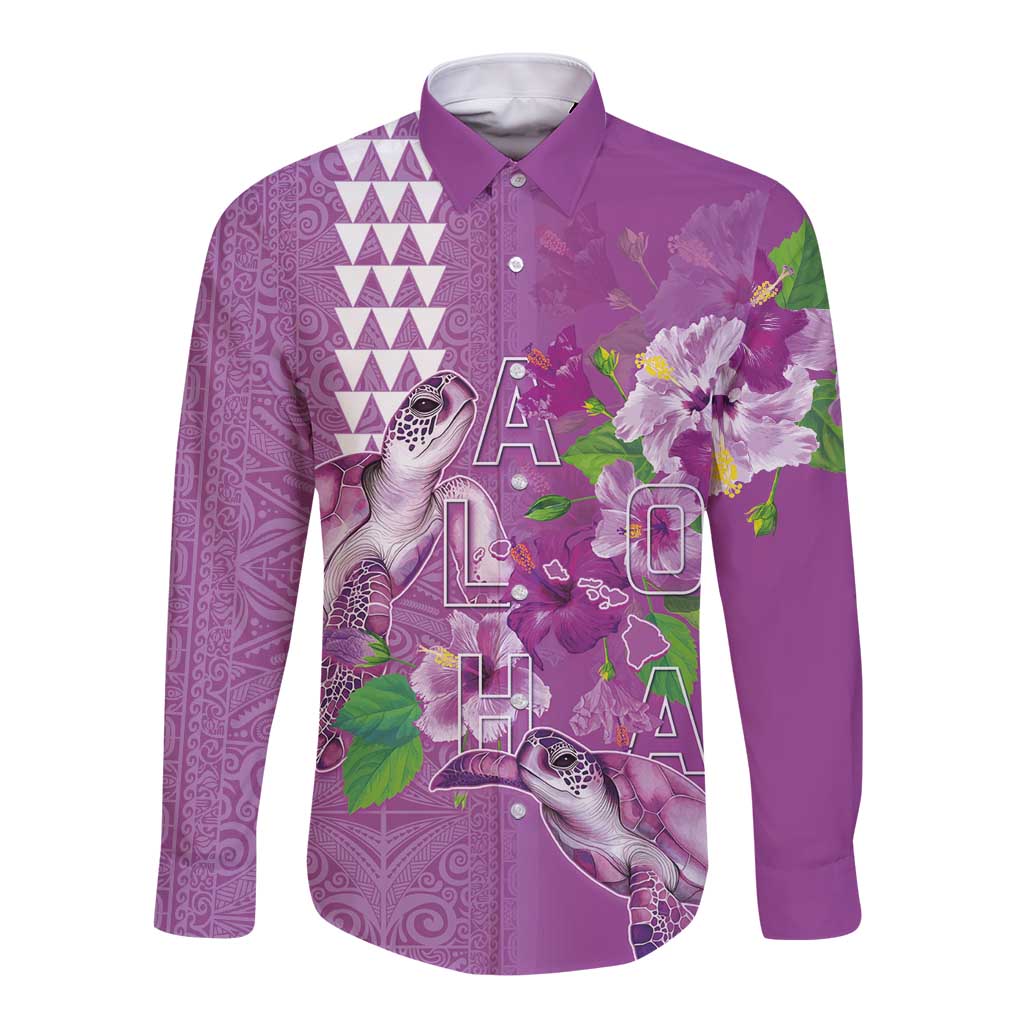 Hawaii Aloha Turtle Hibiscus and Leaves Long Sleeve Button Shirt with Polynesian and Kakau Tattoos Lilac Color - Polynesian Pride