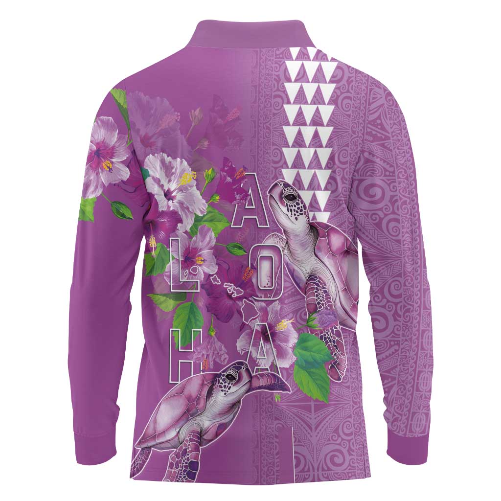 Hawaii Aloha Turtle Hibiscus and Leaves Long Sleeve Polo Shirt with Polynesian and Kakau Tattoos Lilac Color - Polynesian Pride