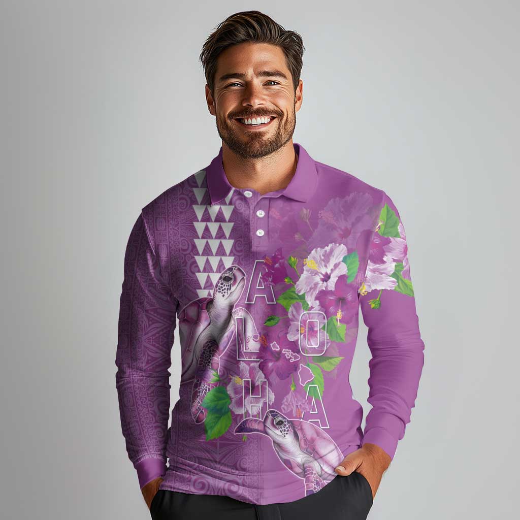 Hawaii Aloha Turtle Hibiscus and Leaves Long Sleeve Polo Shirt with Polynesian and Kakau Tattoos Lilac Color - Polynesian Pride