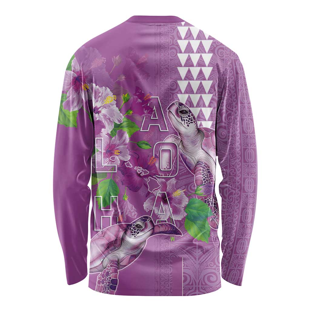Hawaii Aloha Turtle Hibiscus and Leaves Long Sleeve Shirt with Polynesian and Kakau Tattoos Lilac Color - Polynesian Pride