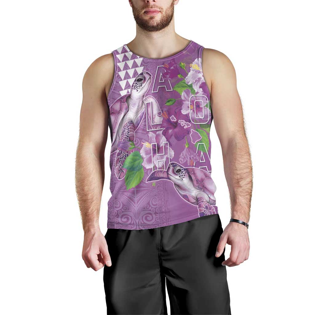 Hawaii Aloha Turtle Hibiscus and Leaves Men Tank Top with Polynesian and Kakau Tattoos Lilac Color LT03 - Polynesian Pride
