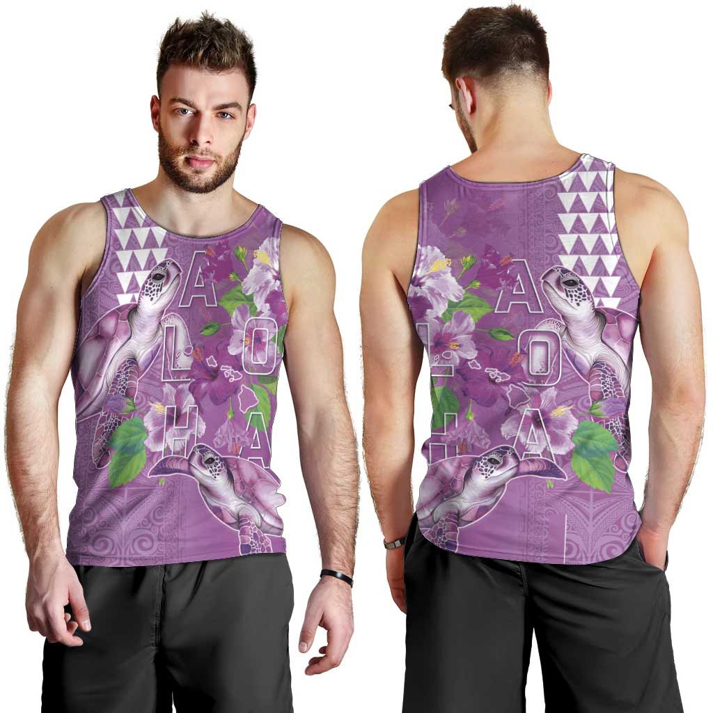Hawaii Aloha Turtle Hibiscus and Leaves Men Tank Top with Polynesian and Kakau Tattoos Lilac Color LT03 - Polynesian Pride