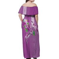 Hawaii Aloha Turtle Hibiscus and Leaves Off Shoulder Maxi Dress with Polynesian and Kakau Tattoos Lilac Color - Polynesian Pride