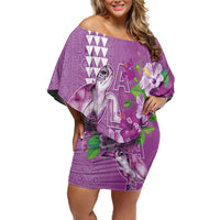 Hawaii Aloha Turtle Hibiscus and Leaves Off Shoulder Short Dress with Polynesian and Kakau Tattoos Lilac Color - Polynesian Pride