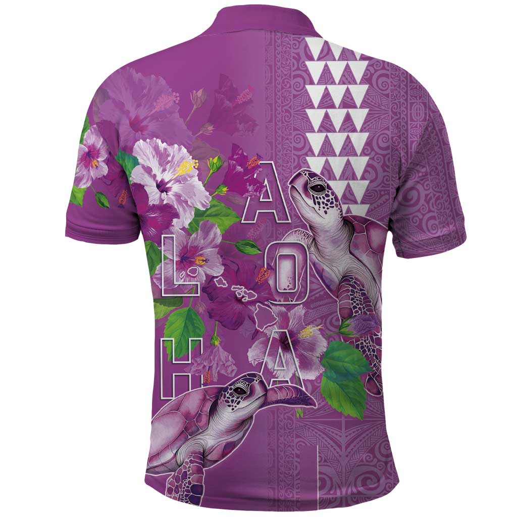 Hawaii Aloha Turtle Hibiscus and Leaves Polo Shirt with Polynesian and Kakau Tattoos Lilac Color - Polynesian Pride