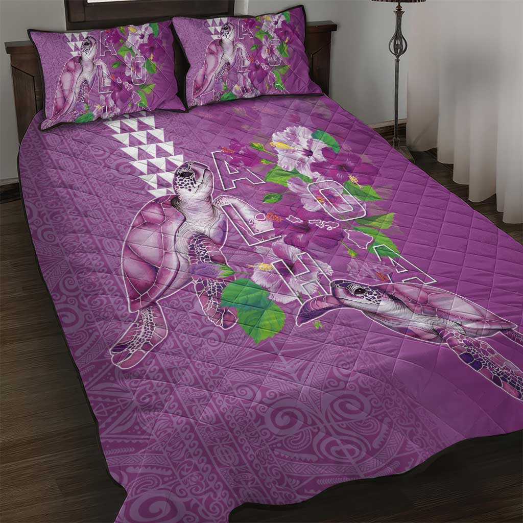 Hawaii Aloha Turtle Hibiscus and Leaves Quilt Bed Set with Polynesian and Kakau Tattoos Lilac Color - Polynesian Pride