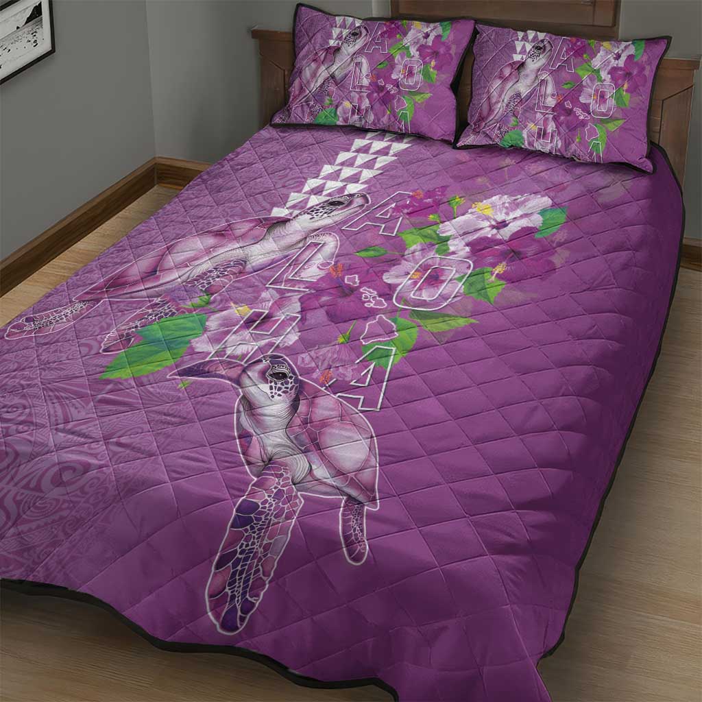 Hawaii Aloha Turtle Hibiscus and Leaves Quilt Bed Set with Polynesian and Kakau Tattoos Lilac Color - Polynesian Pride