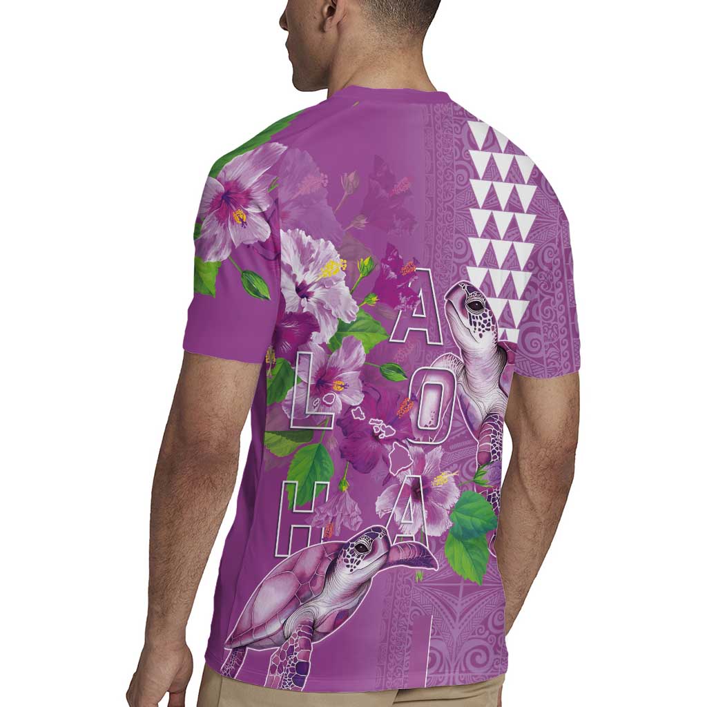 Hawaii Aloha Turtle Hibiscus and Leaves Rugby Jersey with Polynesian and Kakau Tattoos Lilac Color - Polynesian Pride