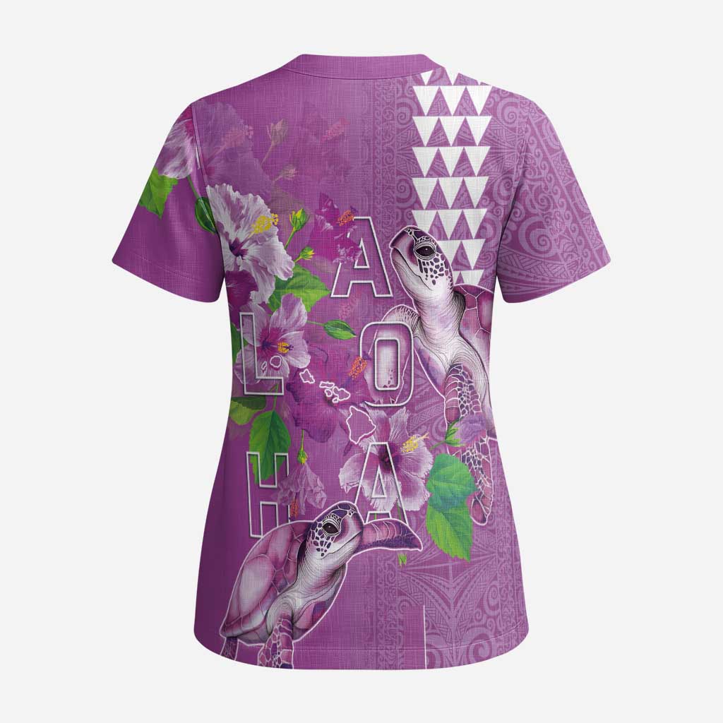 Hawaii Aloha Turtle Hibiscus and Leaves Scrub Top with Polynesian and Kakau Tattoos Lilac Color - Polynesian Pride