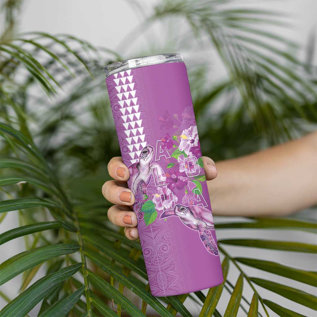 Hawaii Aloha Turtle Hibiscus and Leaves Skinny Tumbler with Polynesian and Kakau Tattoos Lilac Color - Polynesian Pride