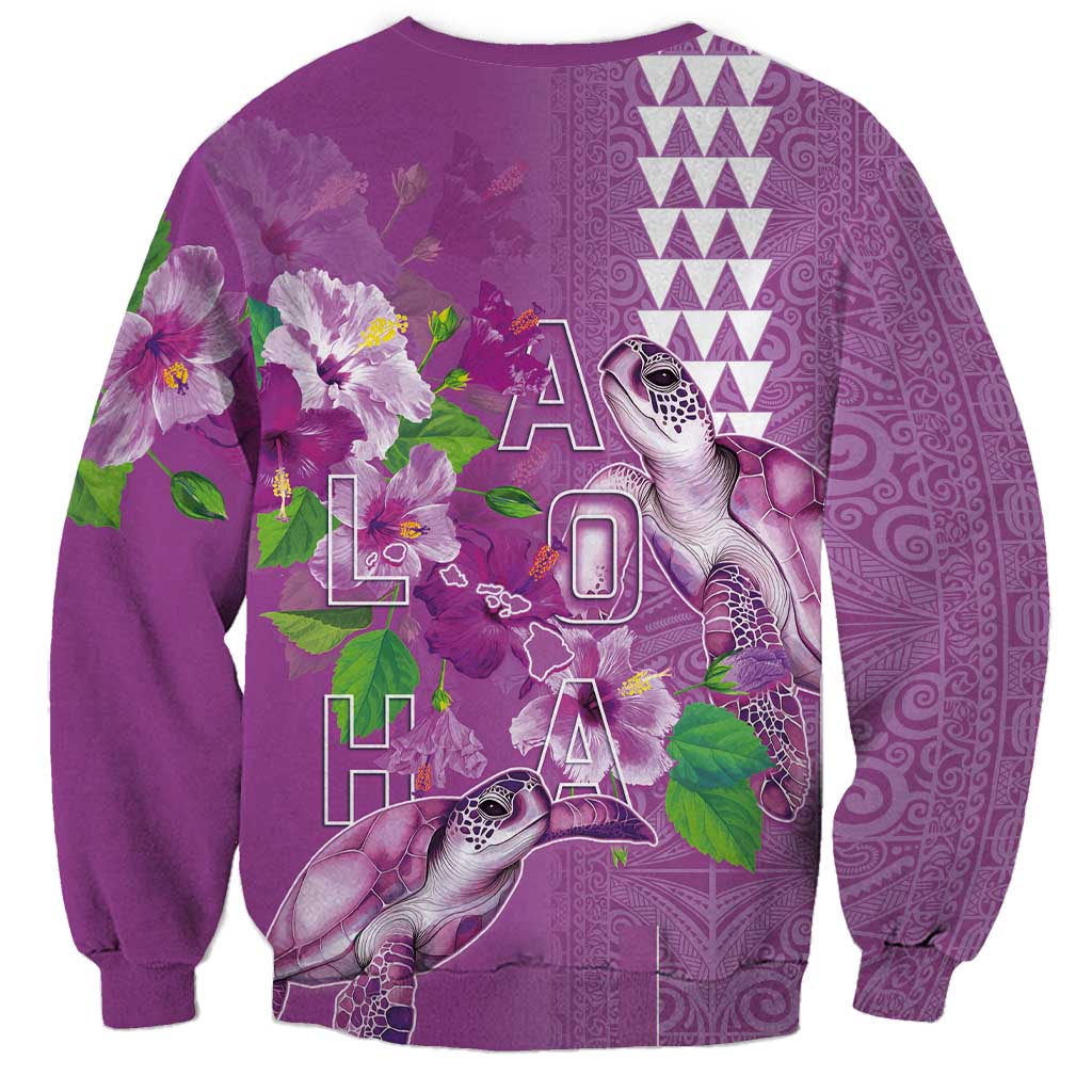 Hawaii Aloha Turtle Hibiscus and Leaves Sweatshirt with Polynesian and Kakau Tattoos Lilac Color - Polynesian Pride