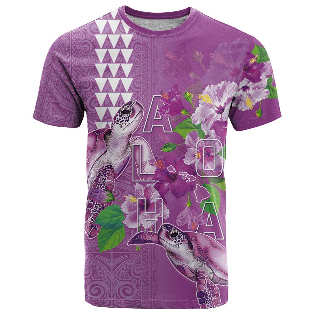 Hawaii Aloha Turtle Hibiscus and Leaves T Shirt with Polynesian and Kakau Tattoos Lilac Color - Polynesian Pride