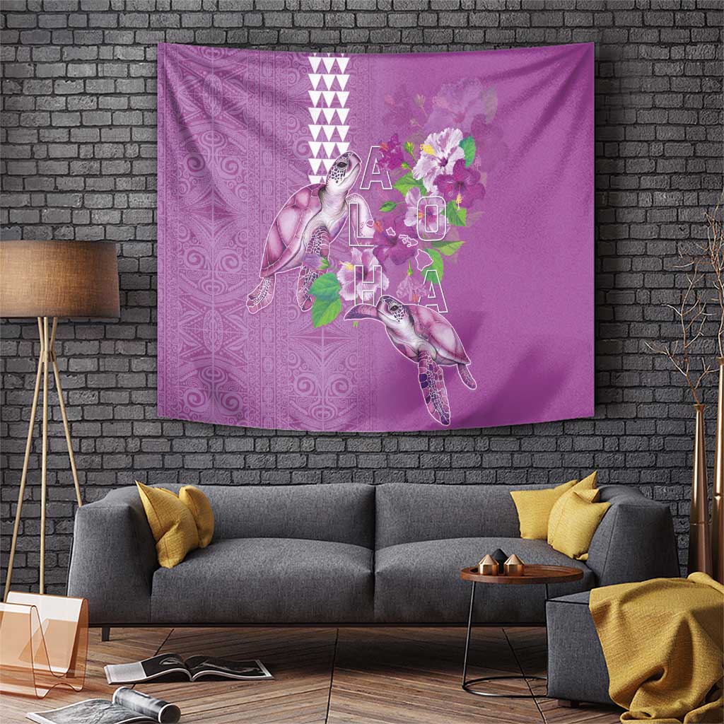 Hawaii Aloha Turtle Hibiscus and Leaves Tapestry with Polynesian and Kakau Tattoos Lilac Color - Polynesian Pride
