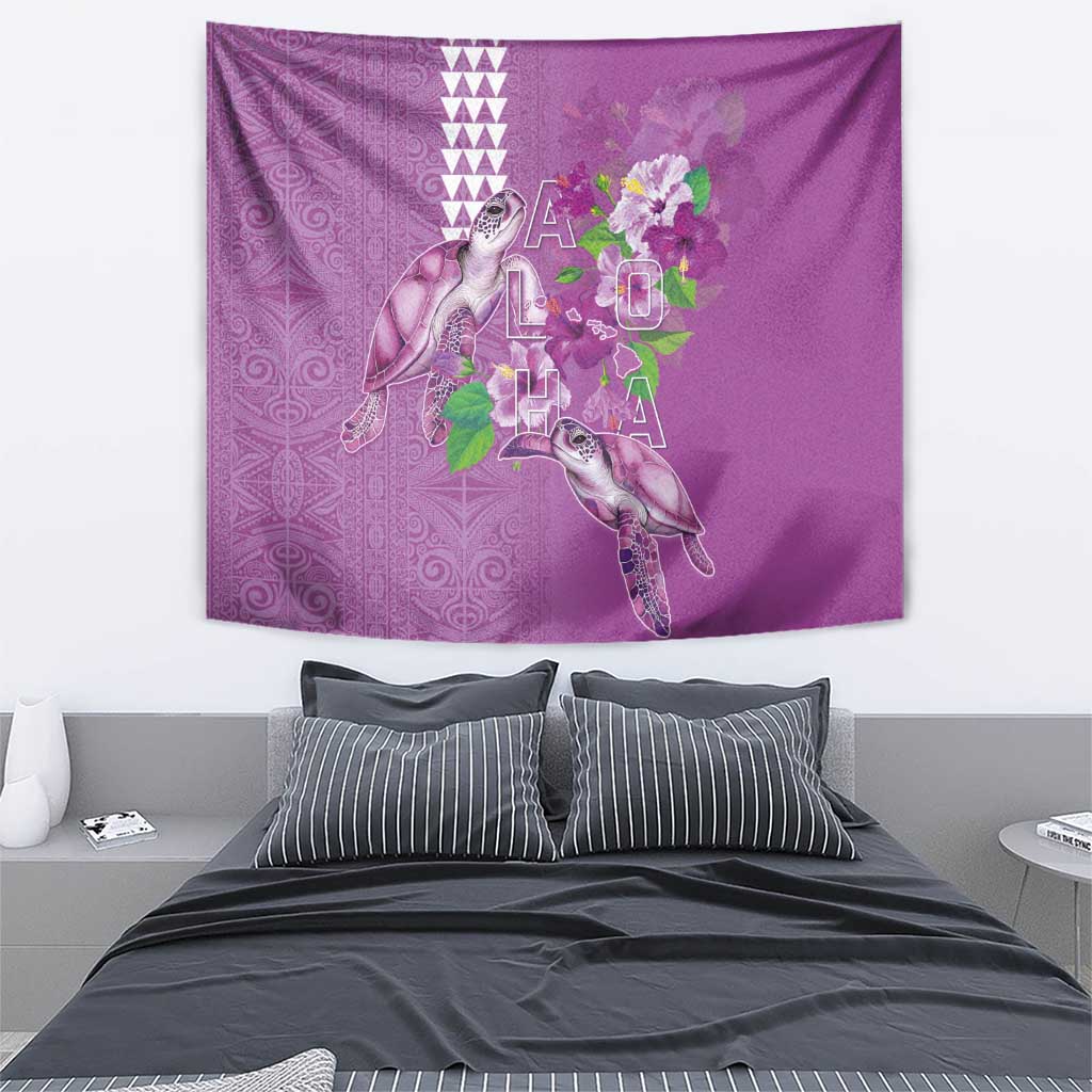 Hawaii Aloha Turtle Hibiscus and Leaves Tapestry with Polynesian and Kakau Tattoos Lilac Color - Polynesian Pride