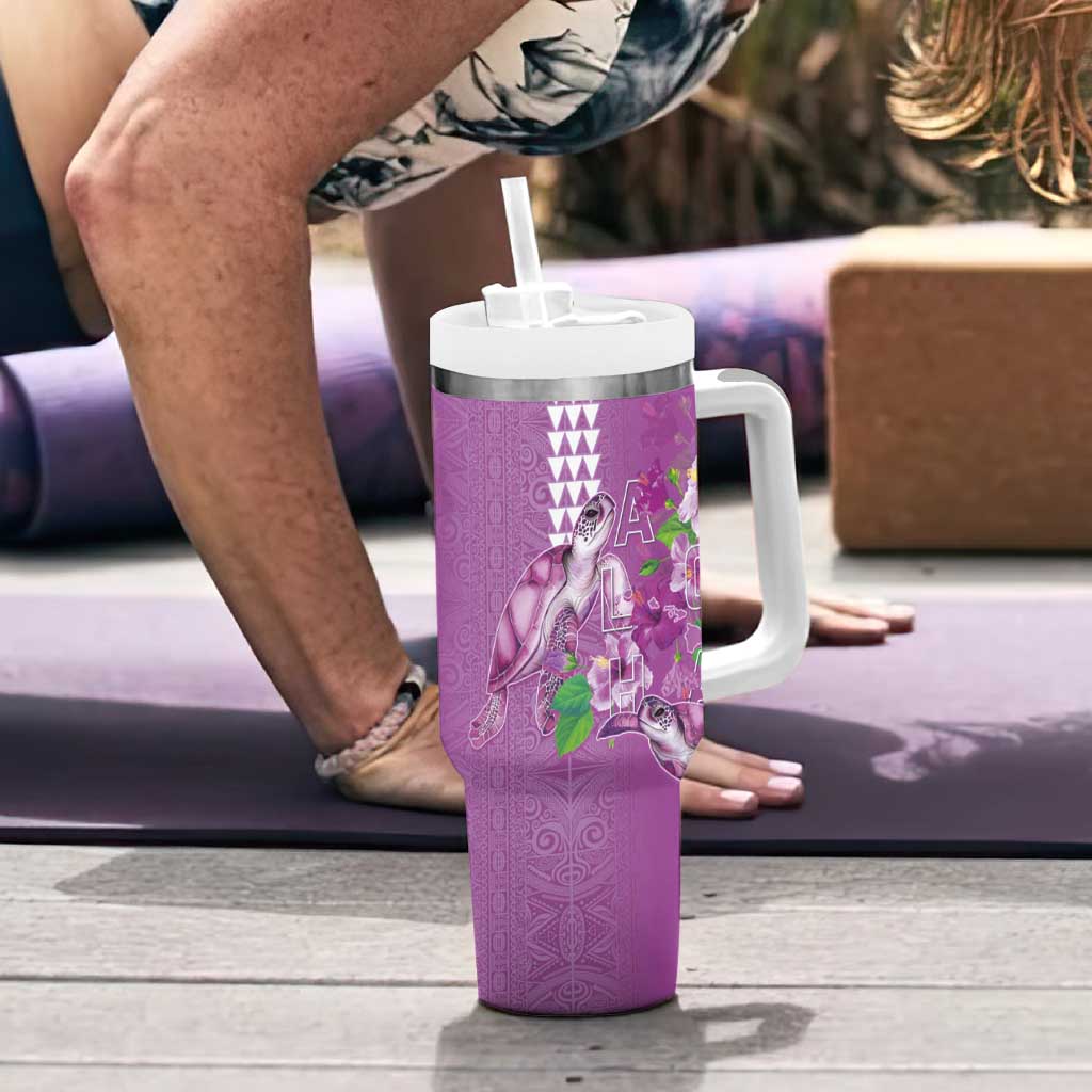Hawaii Aloha Turtle Hibiscus and Leaves Tumbler With Handle with Polynesian and Kakau Tattoos Lilac Color - Polynesian Pride
