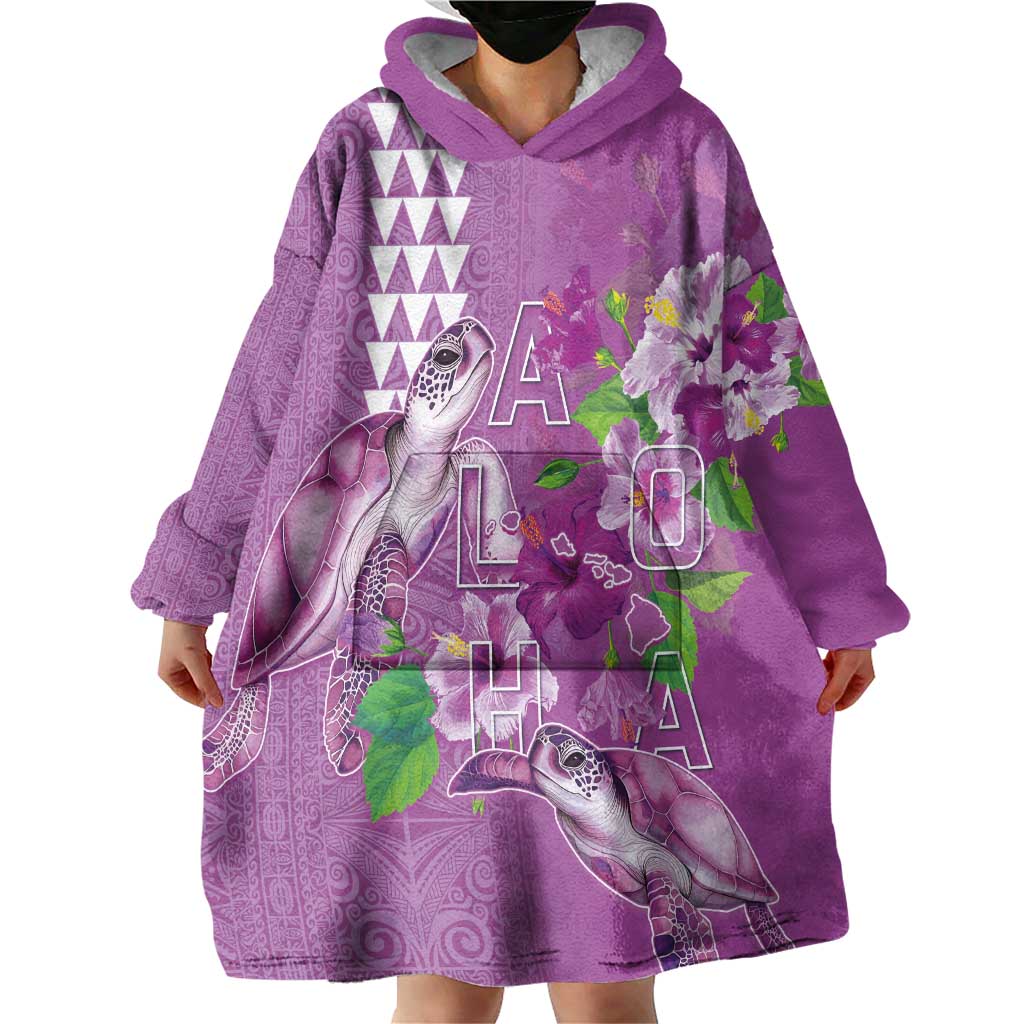 Hawaii Aloha Turtle Hibiscus and Leaves Wearable Blanket Hoodie with Polynesian and Kakau Tattoos Lilac Color - Polynesian Pride