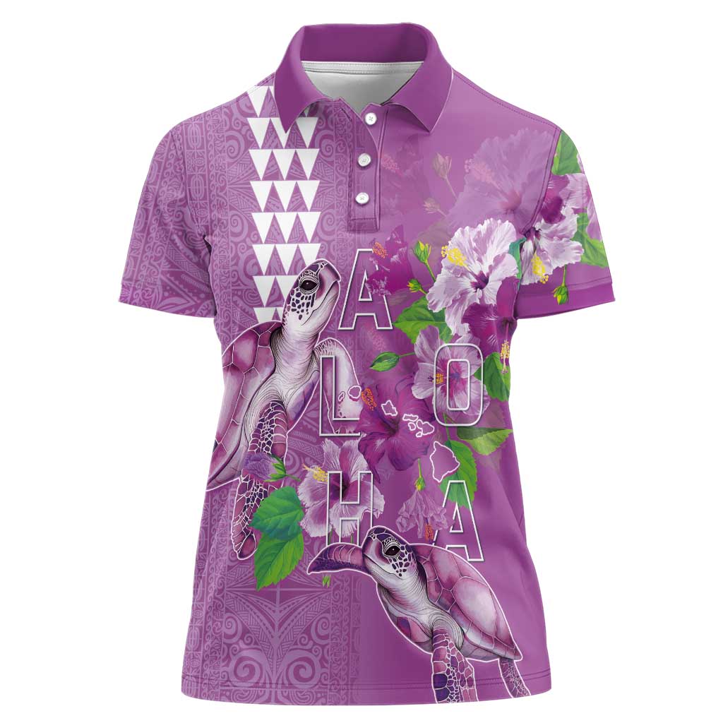 Hawaii Aloha Turtle Hibiscus and Leaves Women Polo Shirt with Polynesian and Kakau Tattoos Lilac Color - Polynesian Pride