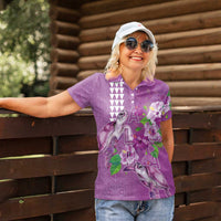 Hawaii Aloha Turtle Hibiscus and Leaves Women Polo Shirt with Polynesian and Kakau Tattoos Lilac Color - Polynesian Pride