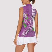 Hawaii Aloha Turtle Hibiscus and Leaves Women Sleeveless Polo Shirt with Polynesian and Kakau Tattoos Lilac Color - Polynesian Pride