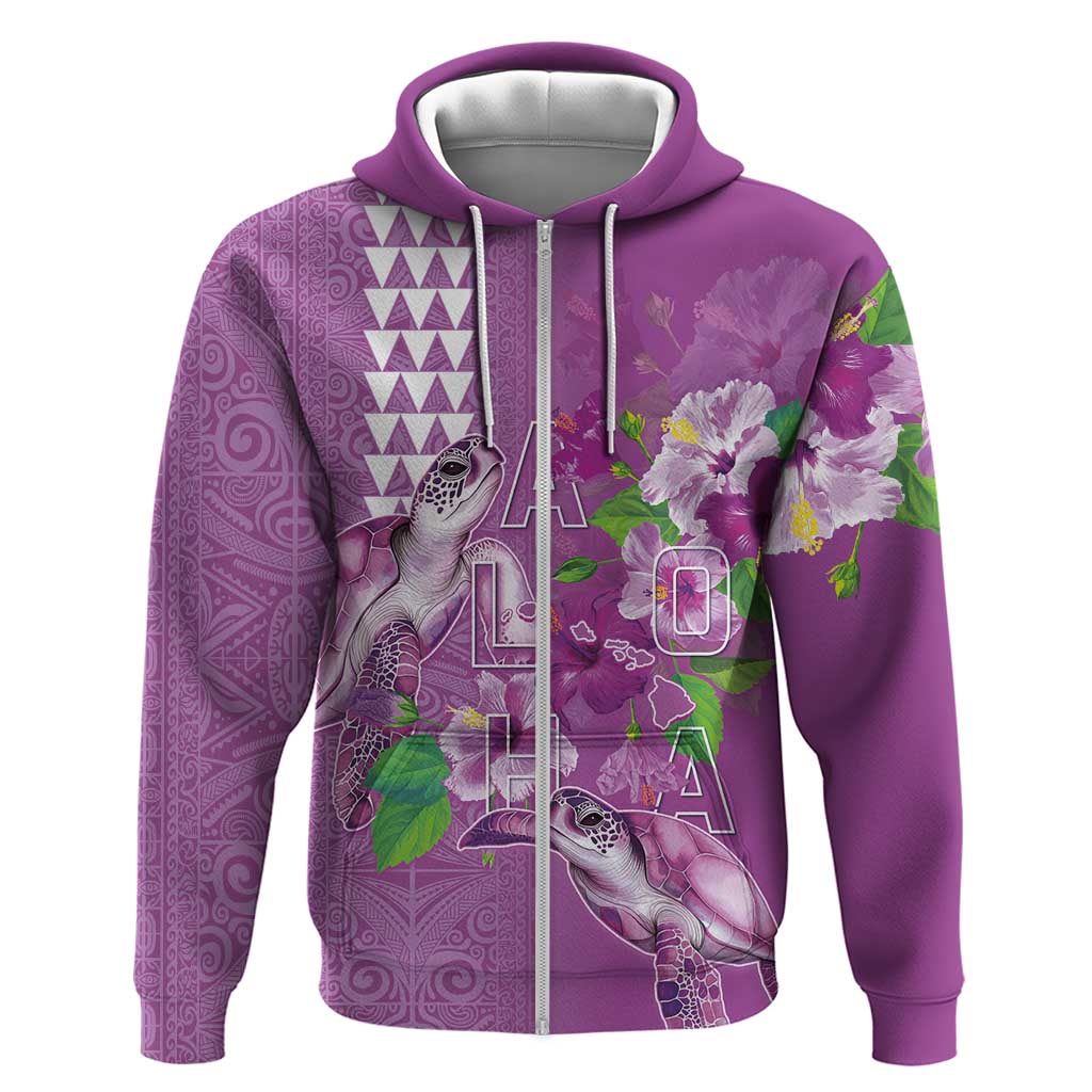 Hawaii Aloha Turtle Hibiscus and Leaves Zip Hoodie with Polynesian and Kakau Tattoos Lilac Color - Polynesian Pride