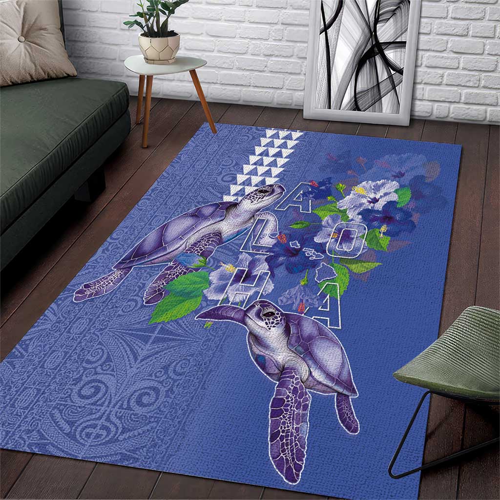Hawaii Aloha Turtle Hibiscus and Leaves Area Rug with Polynesian and Kakau Tattoos Denim Color - Polynesian Pride