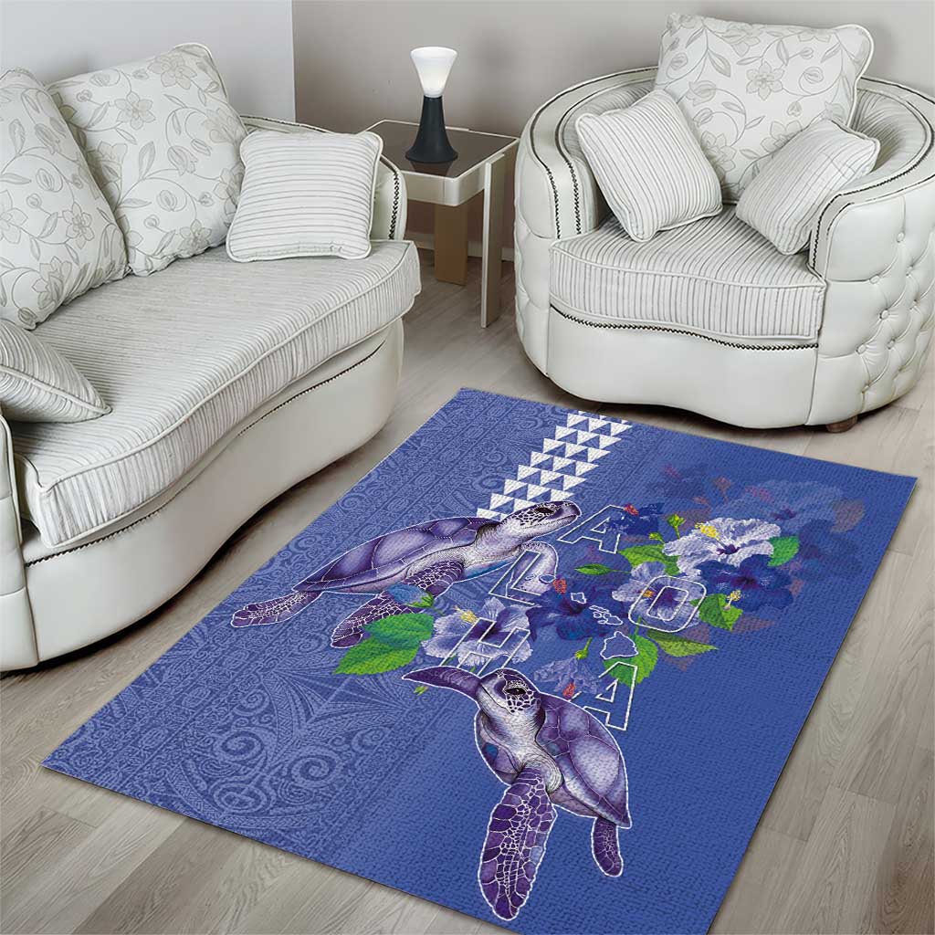 Hawaii Aloha Turtle Hibiscus and Leaves Area Rug with Polynesian and Kakau Tattoos Denim Color - Polynesian Pride