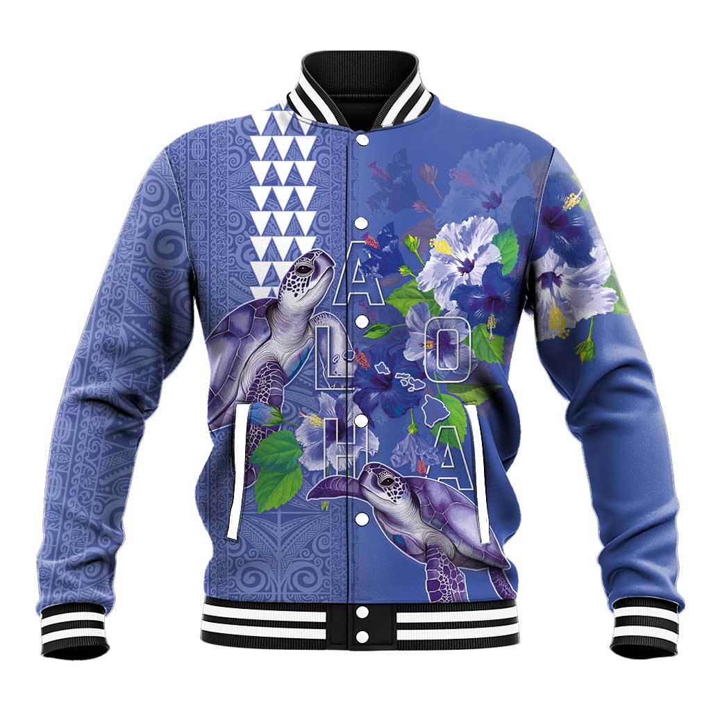 Hawaii Aloha Turtle Hibiscus and Leaves Baseball Jacket with Polynesian and Kakau Tattoos Denim Color - Polynesian Pride
