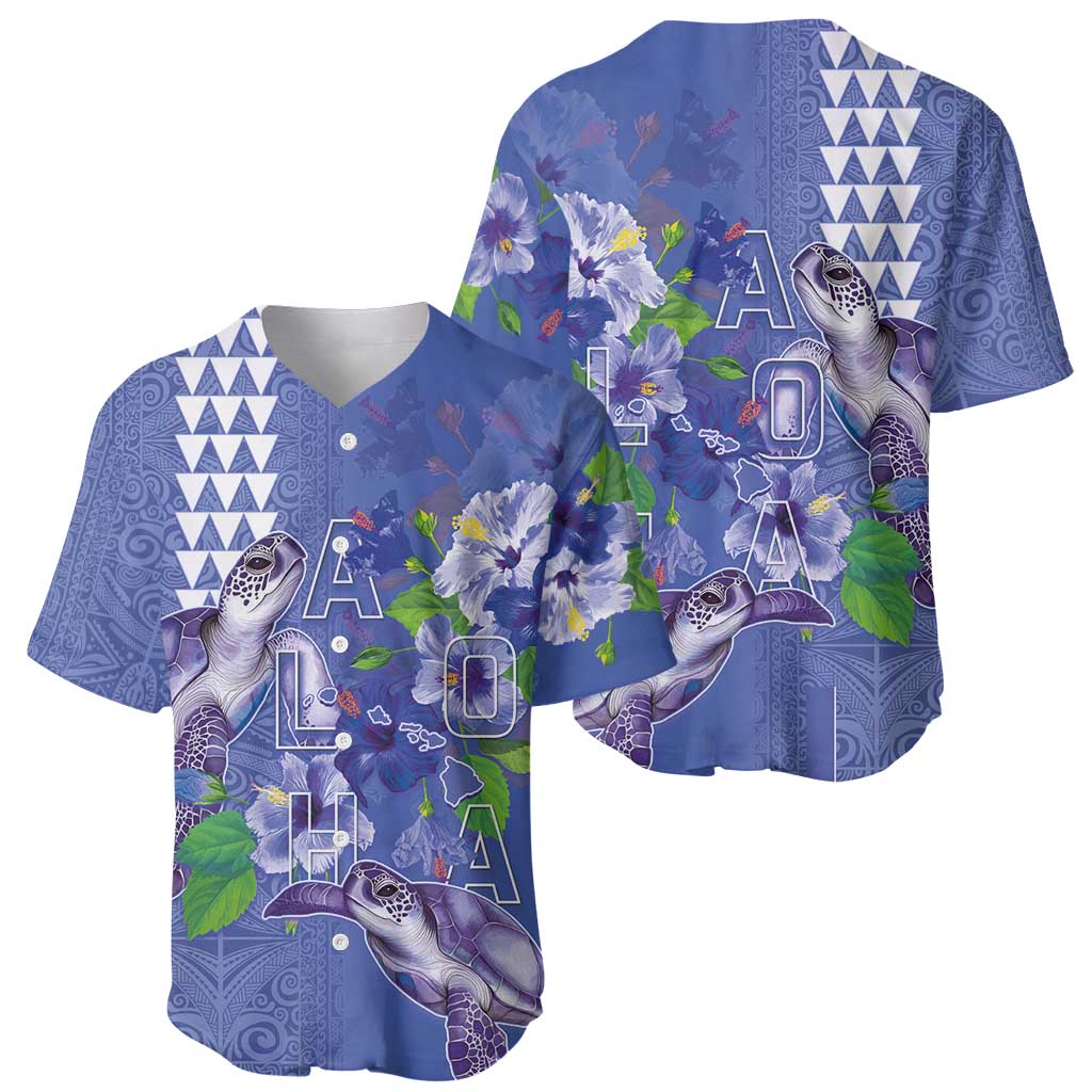 Hawaii Aloha Turtle Hibiscus and Leaves Baseball Jersey with Polynesian and Kakau Tattoos Denim Color LT03 - Polynesian Pride