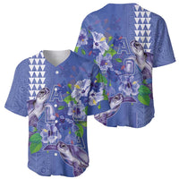 Hawaii Aloha Turtle Hibiscus and Leaves Baseball Jersey with Polynesian and Kakau Tattoos Denim Color LT03 - Polynesian Pride