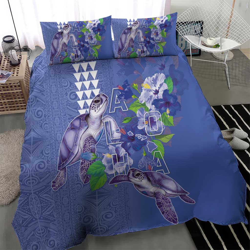 Hawaii Aloha Turtle Hibiscus and Leaves Bedding Set with Polynesian and Kakau Tattoos Denim Color - Polynesian Pride