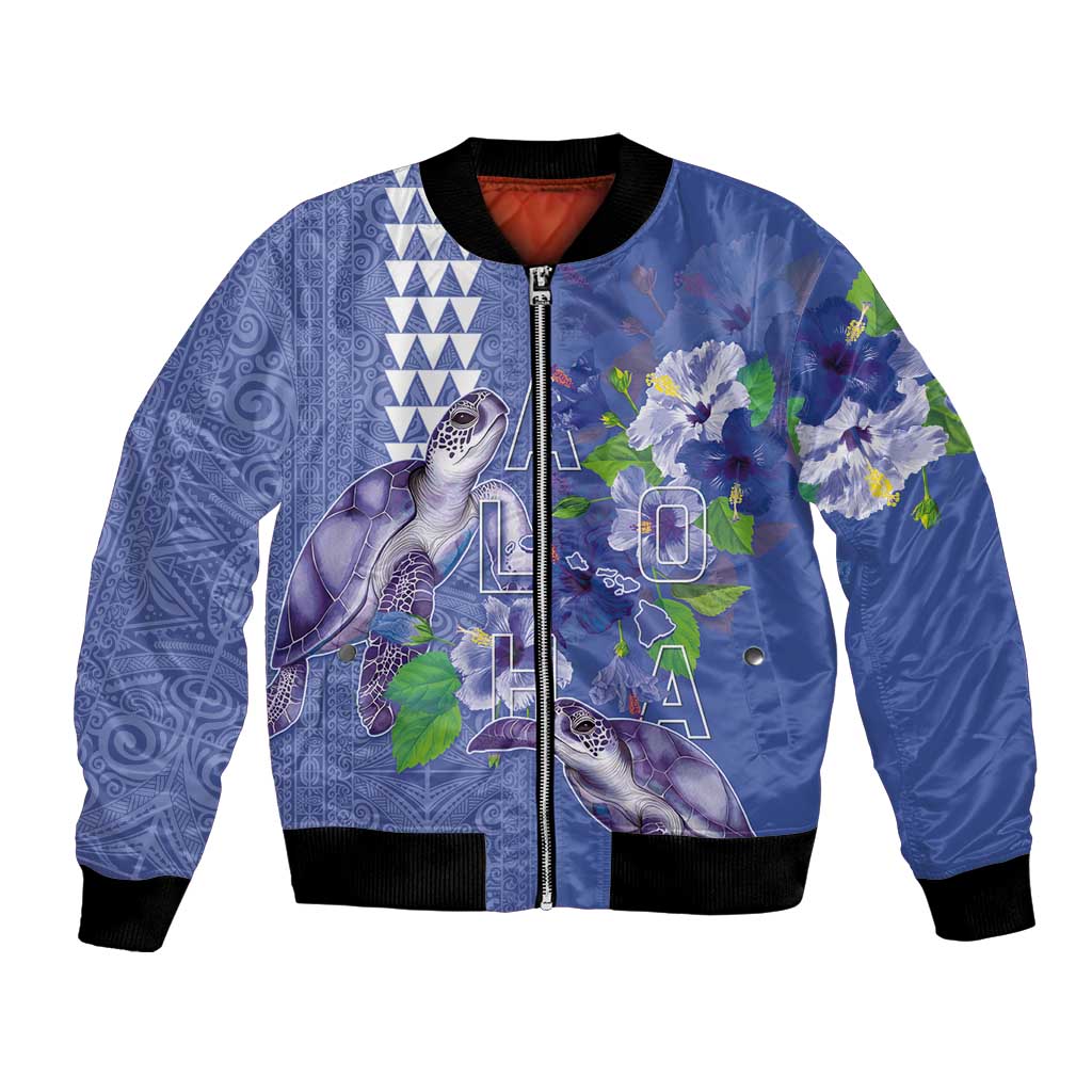 Hawaii Aloha Turtle Hibiscus and Leaves Bomber Jacket with Polynesian and Kakau Tattoos Denim Color - Polynesian Pride