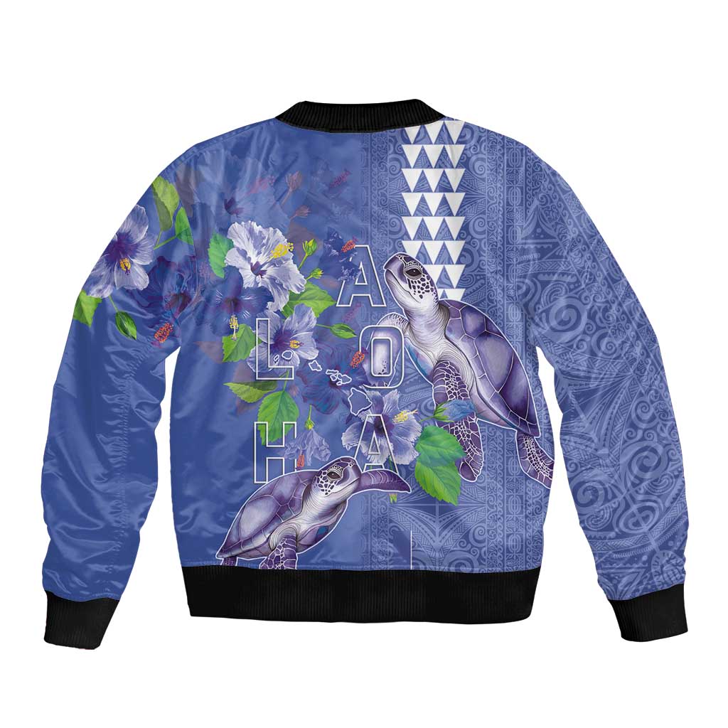 Hawaii Aloha Turtle Hibiscus and Leaves Bomber Jacket with Polynesian and Kakau Tattoos Denim Color - Polynesian Pride