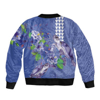 Hawaii Aloha Turtle Hibiscus and Leaves Bomber Jacket with Polynesian and Kakau Tattoos Denim Color - Polynesian Pride