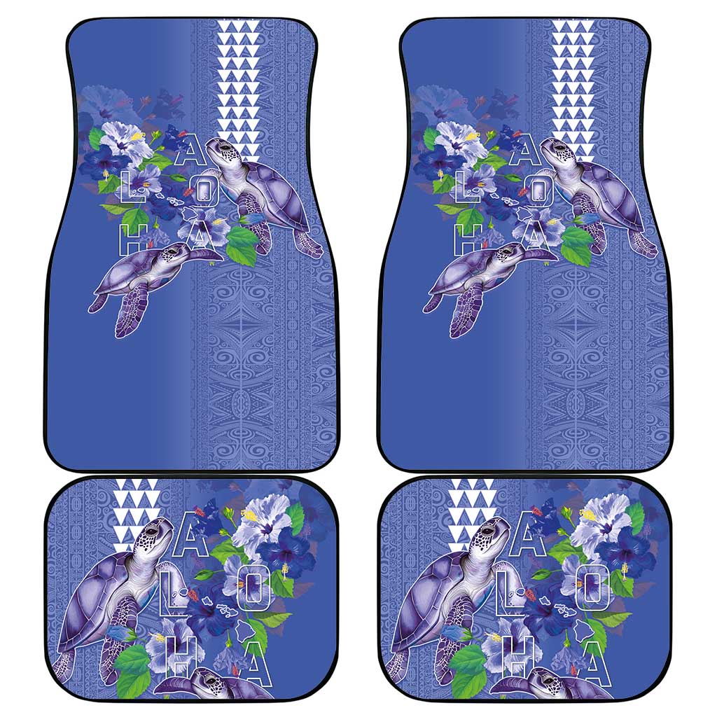 Hawaii Aloha Turtle Hibiscus and Leaves Car Mats with Polynesian and Kakau Tattoos Denim Color - Polynesian Pride