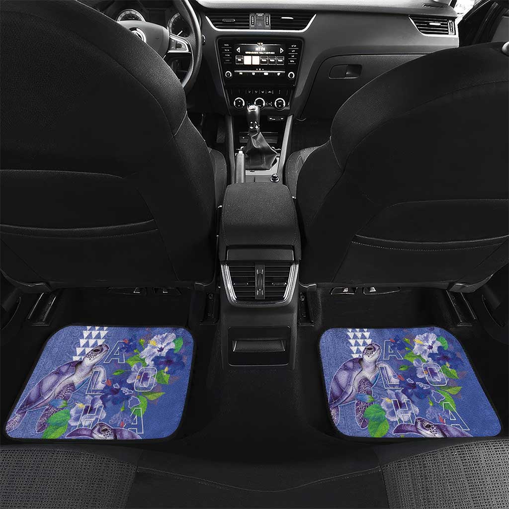 Hawaii Aloha Turtle Hibiscus and Leaves Car Mats with Polynesian and Kakau Tattoos Denim Color - Polynesian Pride