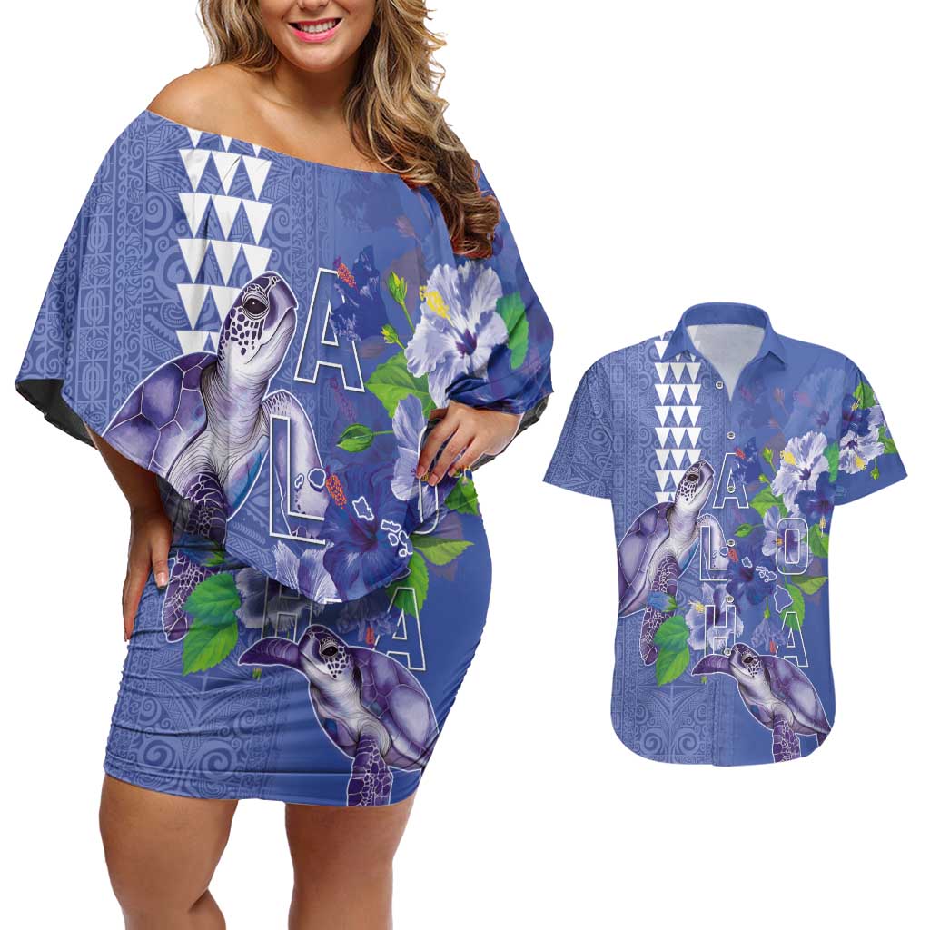 Hawaii Aloha Turtle Hibiscus and Leaves Couples Matching Off Shoulder Short Dress and Hawaiian Shirt with Polynesian and Kakau Tattoos Denim Color - Polynesian Pride