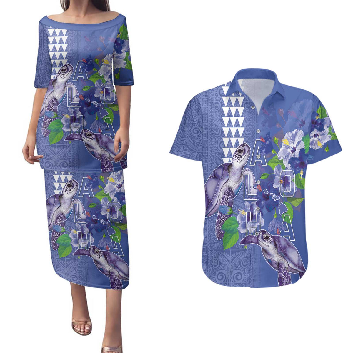 Hawaii Aloha Turtle Hibiscus and Leaves Couples Matching Puletasi and Hawaiian Shirt with Polynesian and Kakau Tattoos Denim Color - Polynesian Pride
