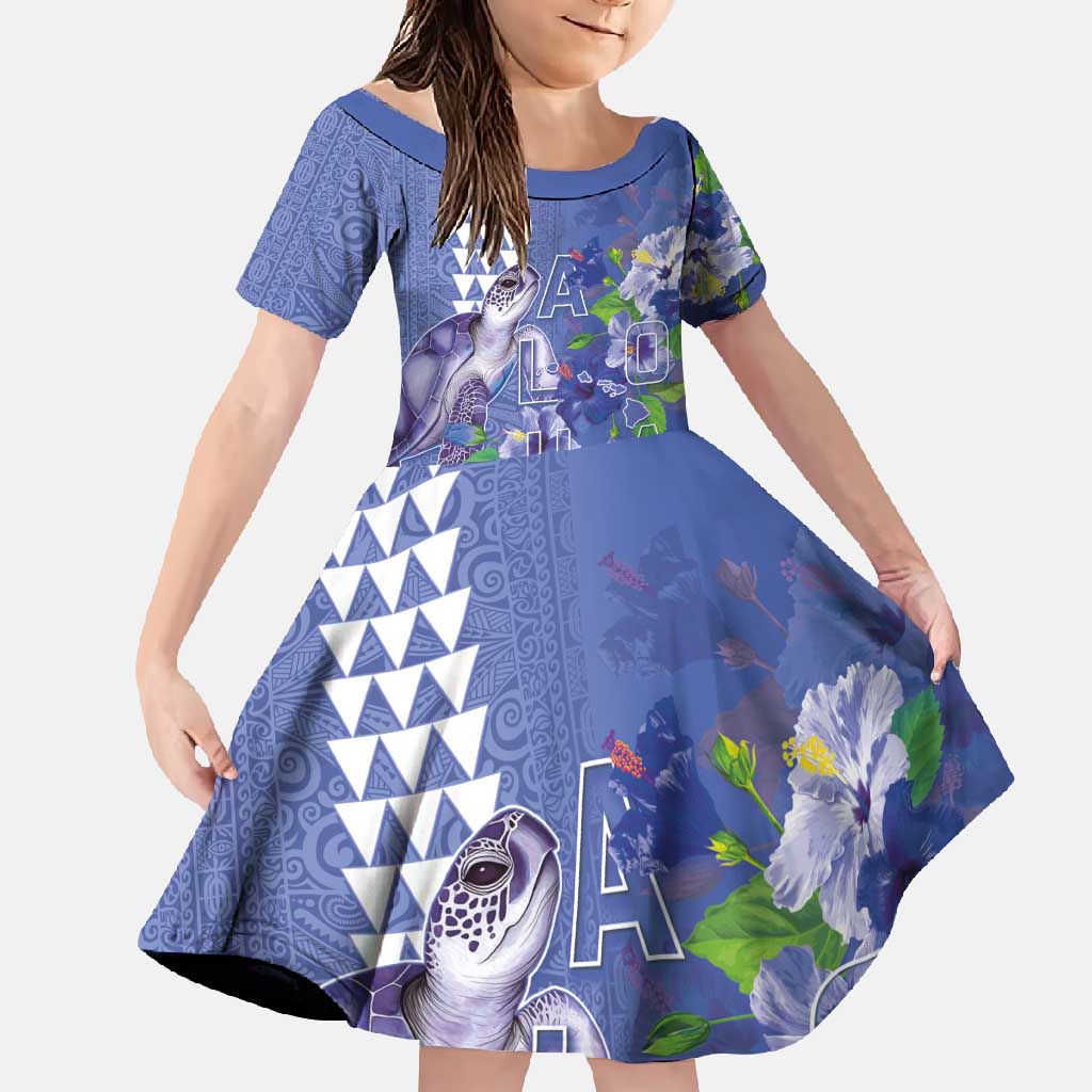 Hawaii Aloha Turtle Hibiscus and Leaves Family Matching Long Sleeve Bodycon Dress and Hawaiian Shirt with Polynesian and Kakau Tattoos Denim Color - Polynesian Pride