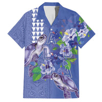 Hawaii Aloha Turtle Hibiscus and Leaves Family Matching Long Sleeve Bodycon Dress and Hawaiian Shirt with Polynesian and Kakau Tattoos Denim Color - Polynesian Pride