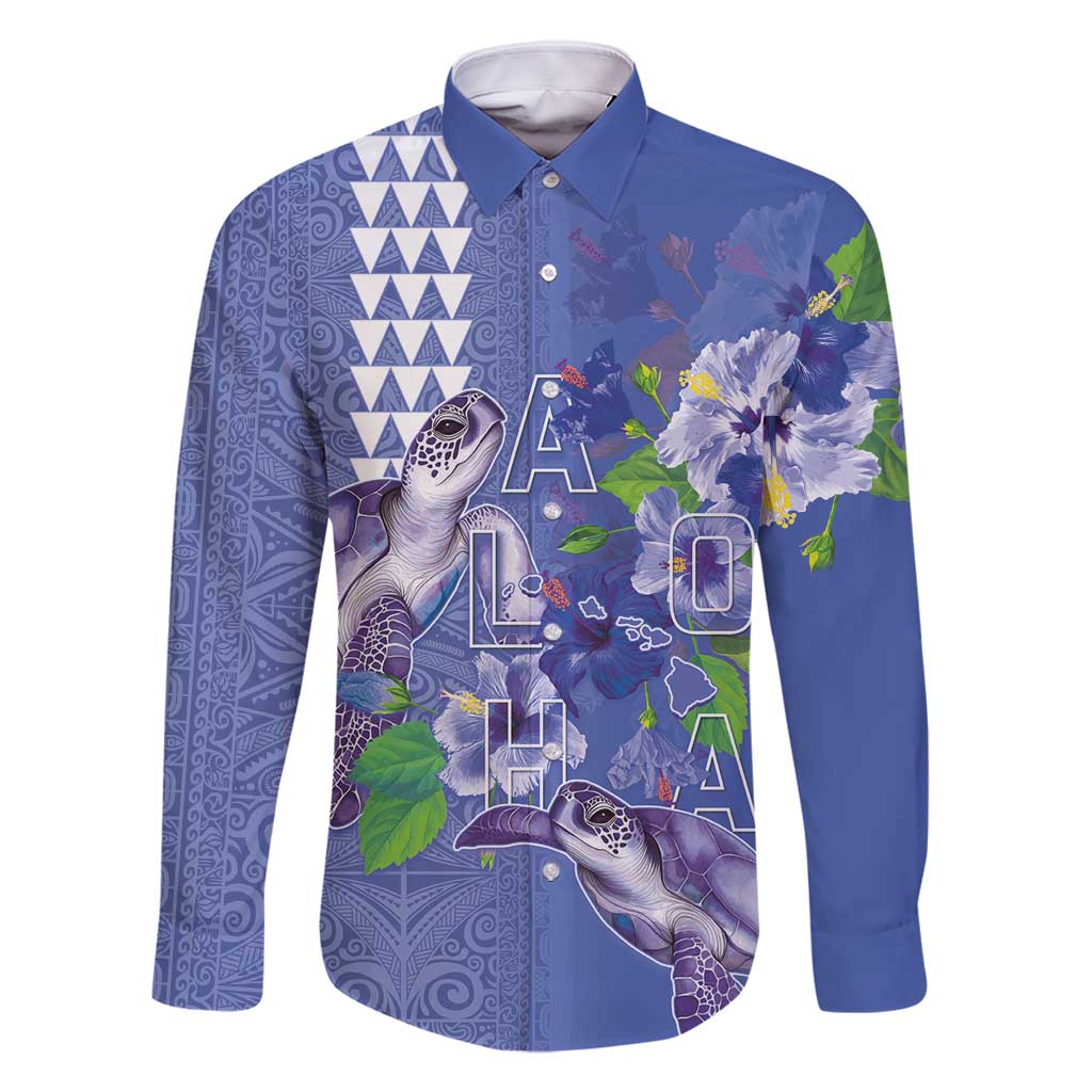 Hawaii Aloha Turtle Hibiscus and Leaves Family Matching Long Sleeve Bodycon Dress and Hawaiian Shirt with Polynesian and Kakau Tattoos Denim Color - Polynesian Pride