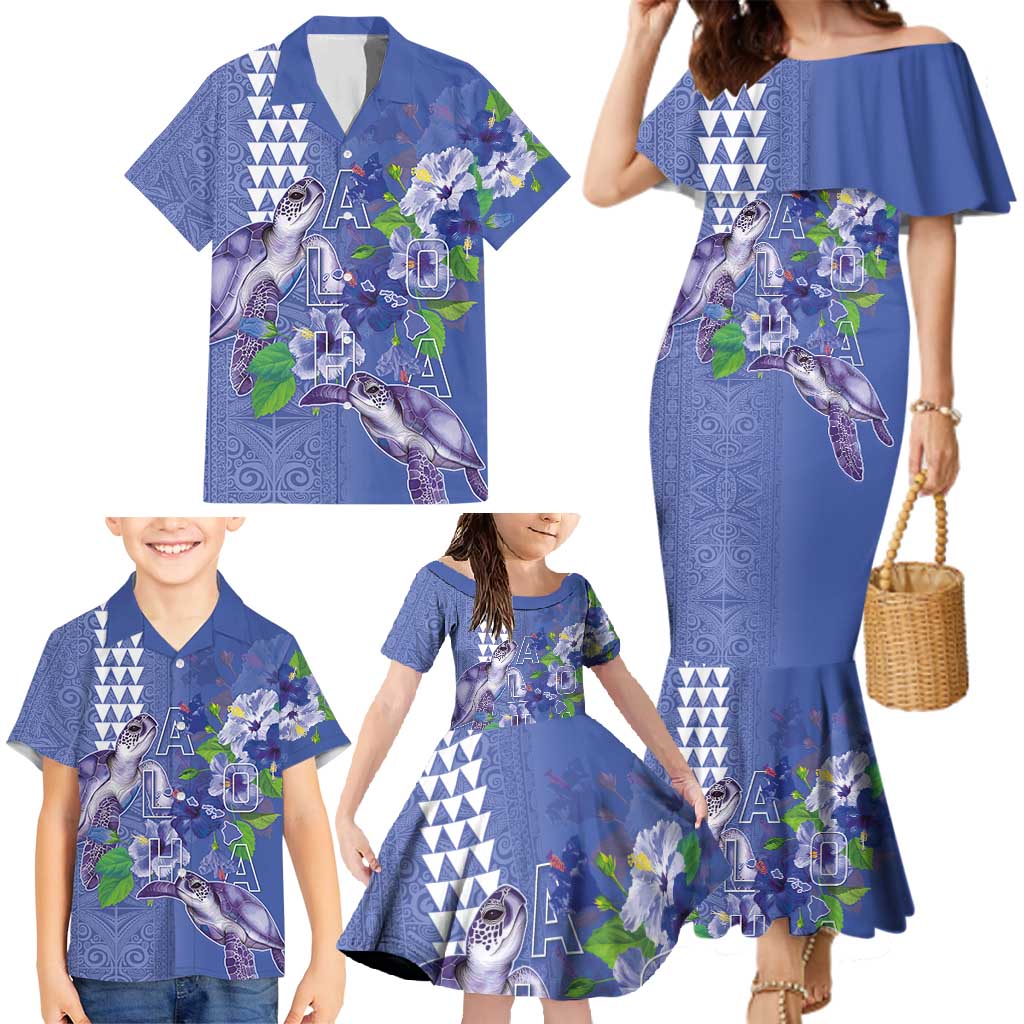 Hawaii Aloha Turtle Hibiscus and Leaves Family Matching Mermaid Dress and Hawaiian Shirt with Polynesian and Kakau Tattoos Denim Color - Polynesian Pride