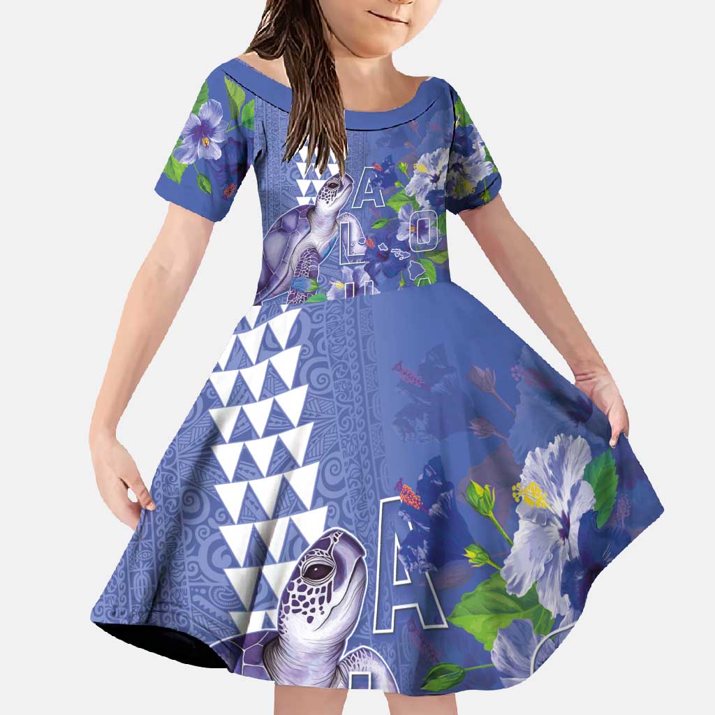 Hawaii Aloha Turtle Hibiscus and Leaves Family Matching Off Shoulder Maxi Dress and Hawaiian Shirt with Polynesian and Kakau Tattoos Denim Color - Polynesian Pride