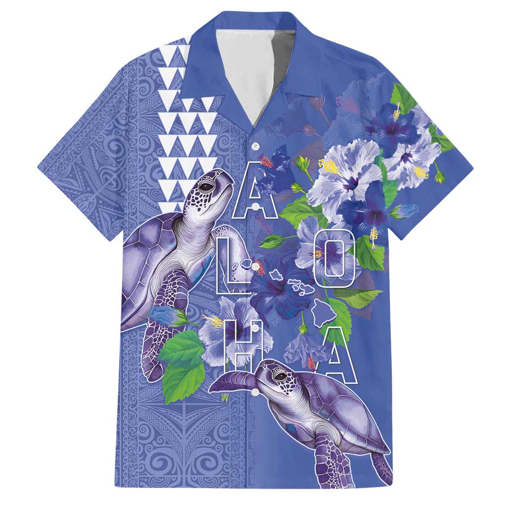 Hawaii Aloha Turtle Hibiscus and Leaves Family Matching Off Shoulder Maxi Dress and Hawaiian Shirt with Polynesian and Kakau Tattoos Denim Color - Polynesian Pride