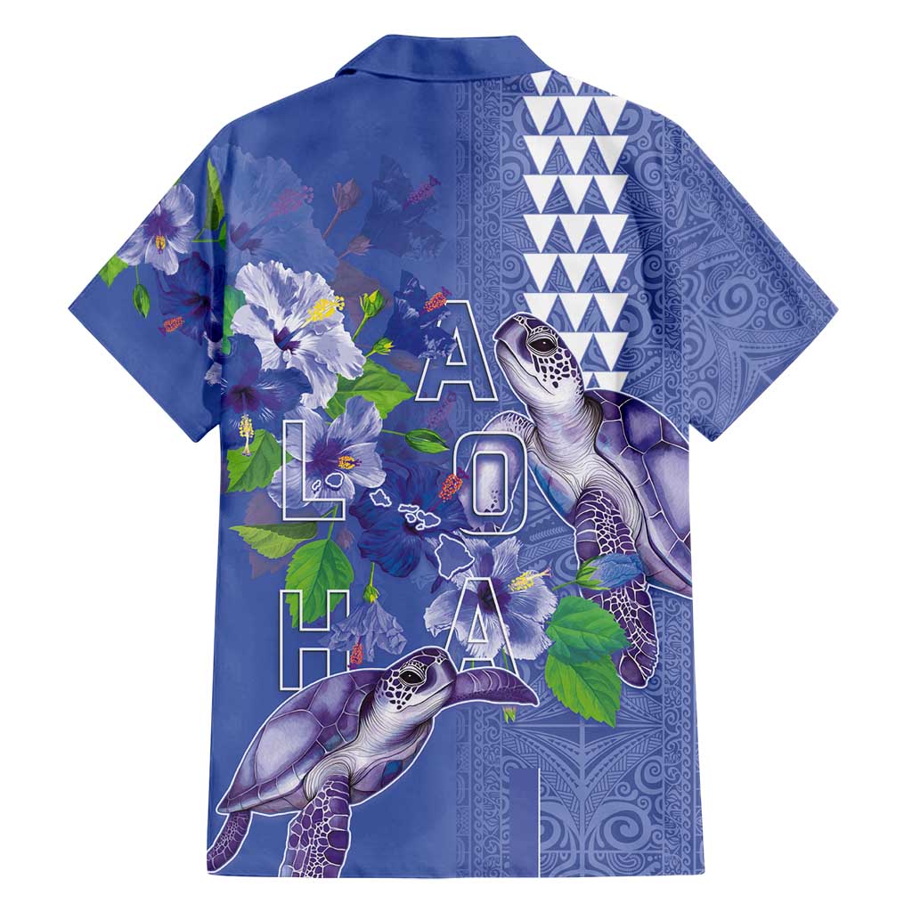 Hawaii Aloha Turtle Hibiscus and Leaves Family Matching Off Shoulder Maxi Dress and Hawaiian Shirt with Polynesian and Kakau Tattoos Denim Color - Polynesian Pride