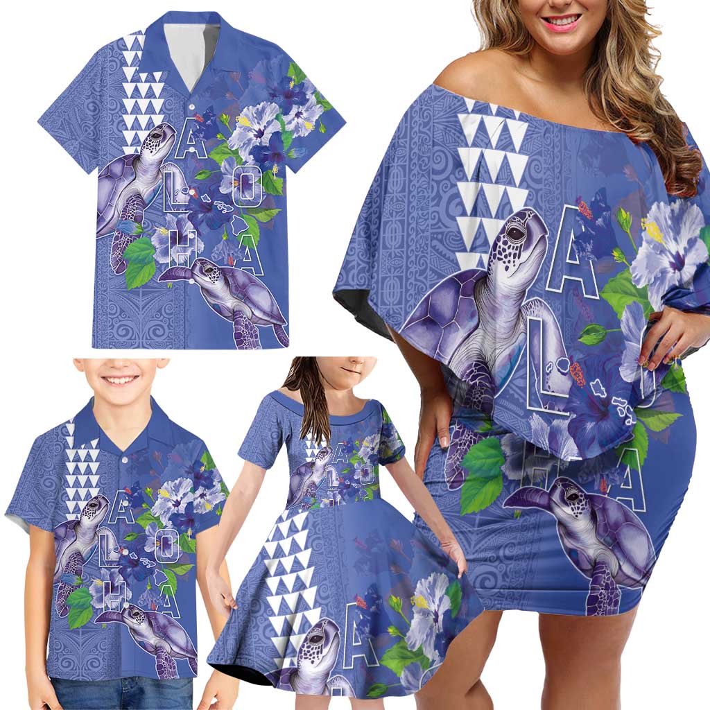 Hawaii Aloha Turtle Hibiscus and Leaves Family Matching Off Shoulder Short Dress and Hawaiian Shirt with Polynesian and Kakau Tattoos Denim Color - Polynesian Pride