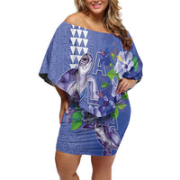 Hawaii Aloha Turtle Hibiscus and Leaves Family Matching Off Shoulder Short Dress and Hawaiian Shirt with Polynesian and Kakau Tattoos Denim Color - Polynesian Pride