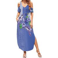 Hawaii Aloha Turtle Hibiscus and Leaves Family Matching Summer Maxi Dress and Hawaiian Shirt with Polynesian and Kakau Tattoos Denim Color - Polynesian Pride