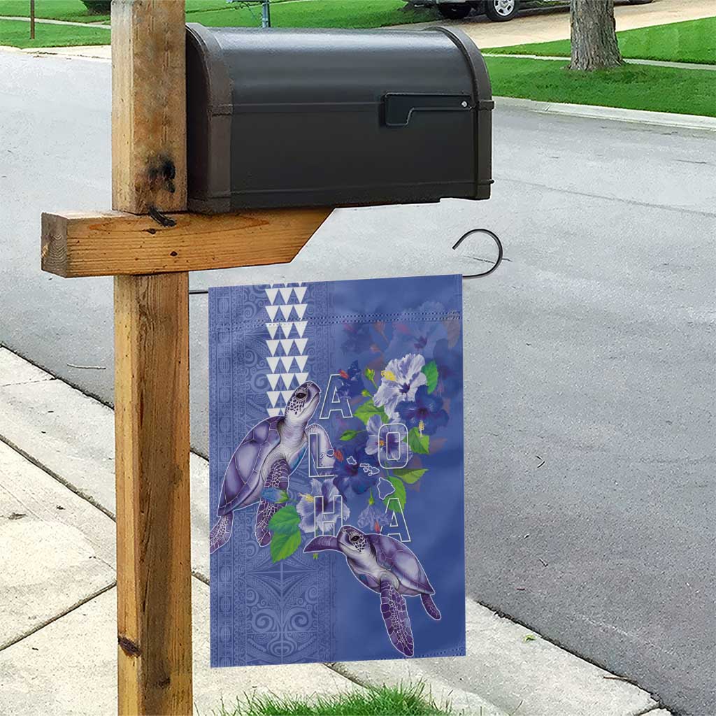 Hawaii Aloha Turtle Hibiscus and Leaves Garden Flag with Polynesian and Kakau Tattoos Denim Color - Polynesian Pride