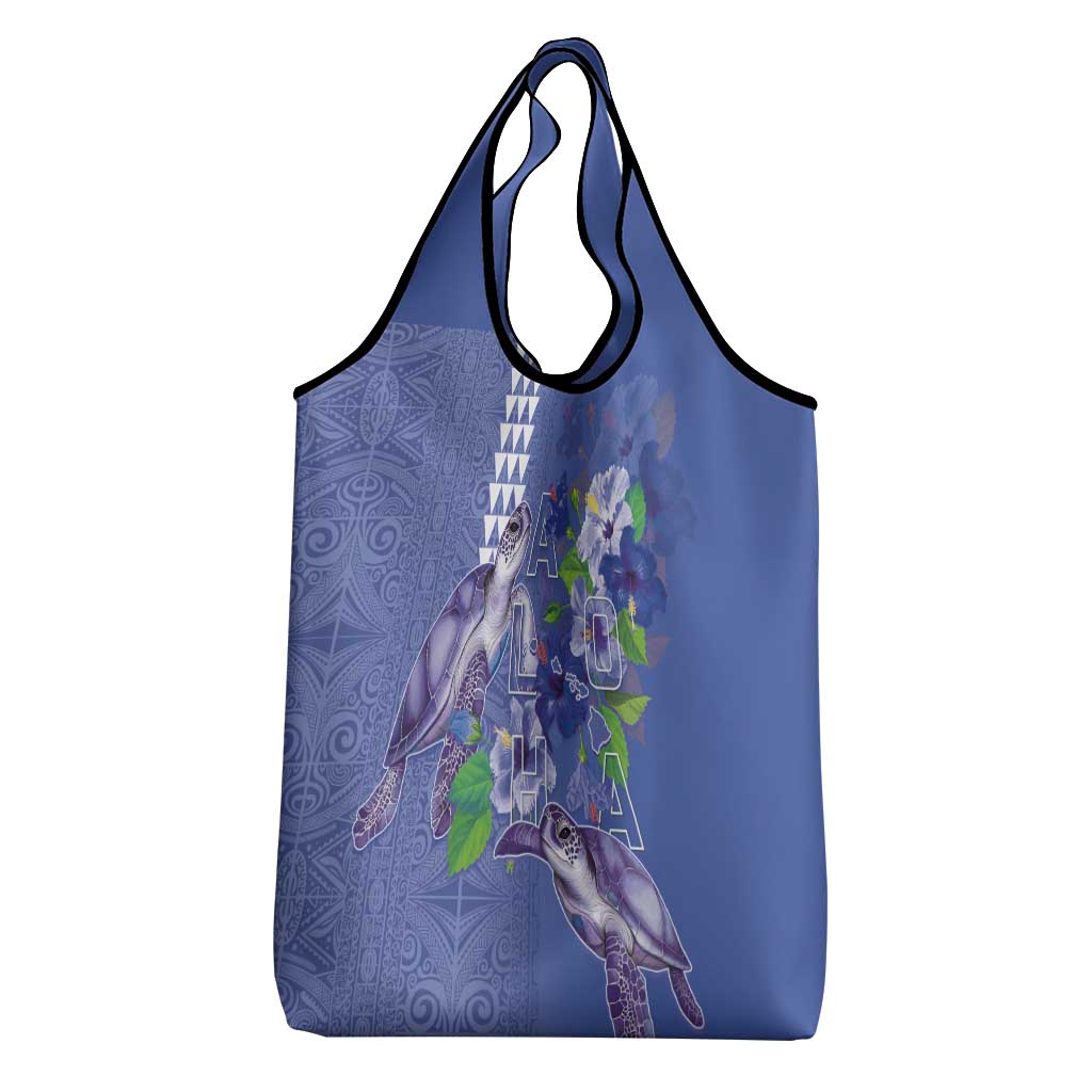 Hawaii Aloha Turtle Hibiscus and Leaves Grocery Bag with Polynesian and Kakau Tattoos Denim Color - Polynesian Pride