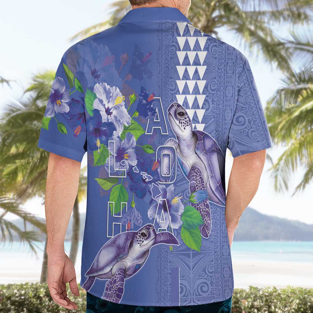 Hawaii Aloha Turtle Hibiscus and Leaves Hawaiian Shirt with Polynesian and Kakau Tattoos Denim Color - Polynesian Pride